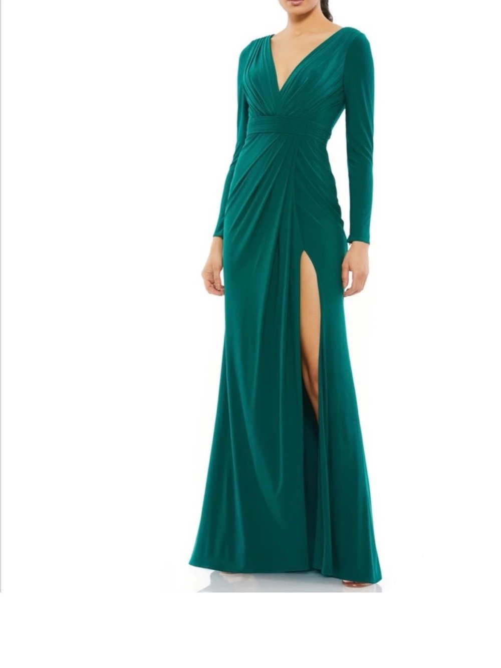 V-Neck Long Sleeve Emerald Maxi Dress with Side Slit